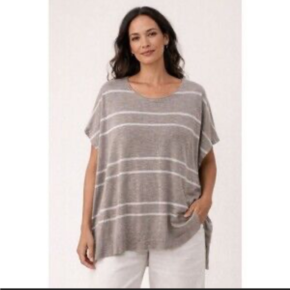 Eileen Fisher Taupe Striped Tunic organic linen and cotton boxy fit large